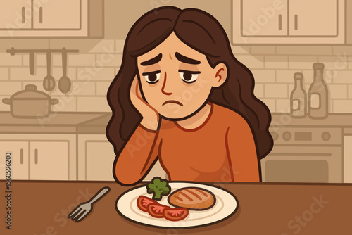 Woman Sitting at Kitchen Table with Healthy Meal, Struggling with Diet, Weight Loss Motivation, Nutrition Challenge, Balanced Food Choices, Lifestyle Change, Eating Habits Concept Illustration