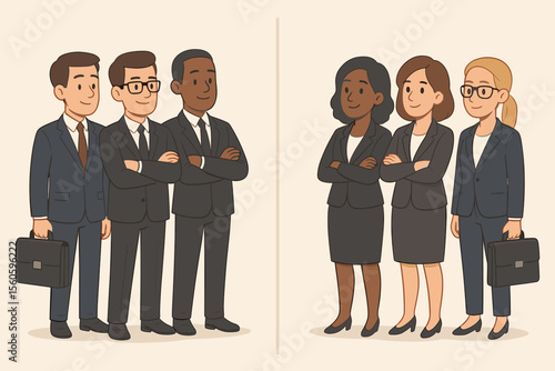 Gender segregation in business workplace. Cartoon illustration of male and female professionals standing in separate groups. Diversity, teamwork, equality, leadership, corporate office concept