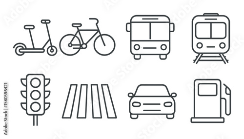 Urban transport line icons set – minimalist, commuting and transit symbols