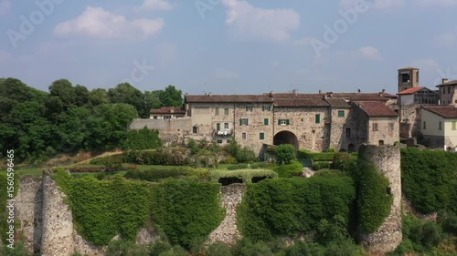 Historic Castello di Pozzolengo in northern Italy’s Brescia province seen in cinematic aerial footage.