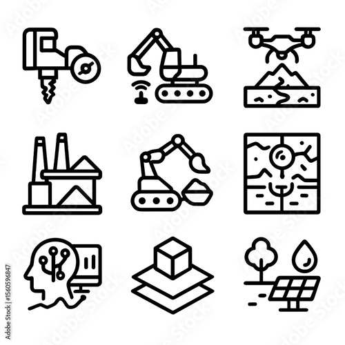 Mining Technology Icons. Solid, filled icon set of Mining-related technological innovations and advancements: automated drilling