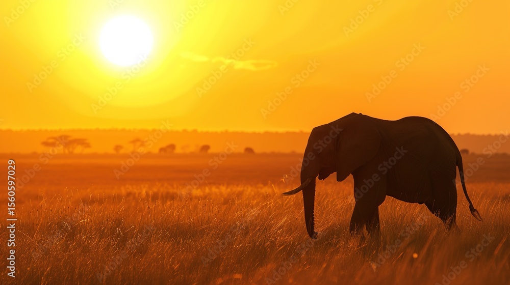 Fototapeta premium African Elephant Herd Silhouetted Against Golden Savanna Sunset, Majestic Wildlife Scene with Acacia Trees and Dust Haze in Serengeti Landscape, Empty Horizon Space