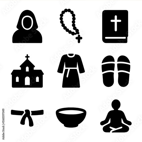 Monastic Icons Grid. Solid, filled icon set of monastic life and robes: hooded monk, rosary beads, prayer book, monastery building