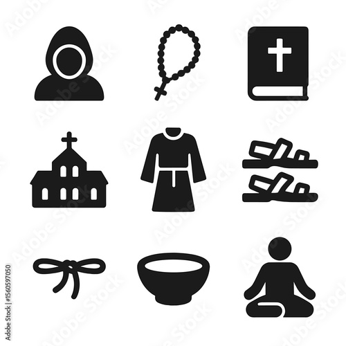 Monastic Icons Grid. Solid, filled icon set of monastic life and robes: hooded monk, rosary beads, prayer book, monastery building