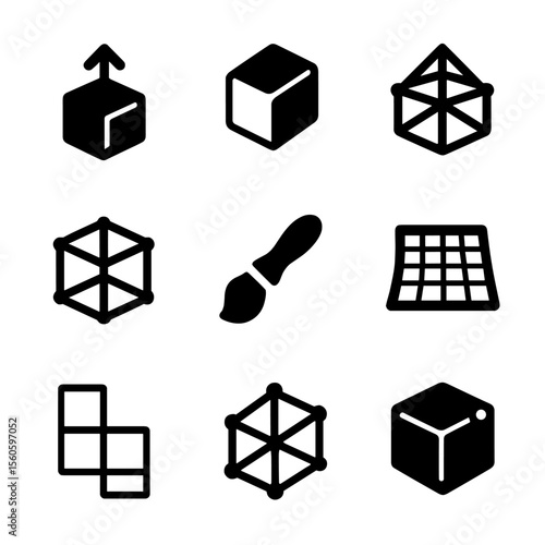 3D Modeling Icon Set. Solid, filled icon set of 3D modeling tools: extrusion, bevel, mesh, wireframe, sculpting brush, texture