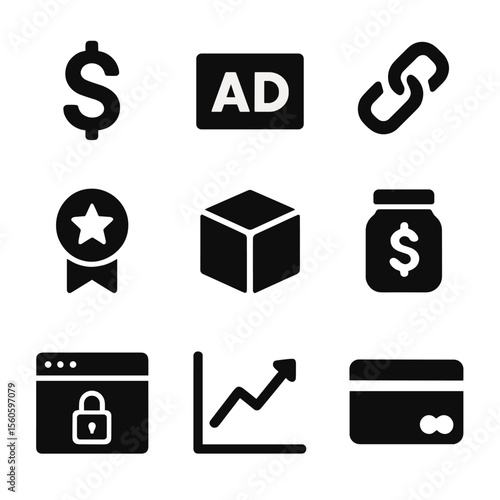 Monetization Icons Grid. Solid, filled icon set of monetizing content: dollar sign, ad icon, affiliate link, sponsor badge,