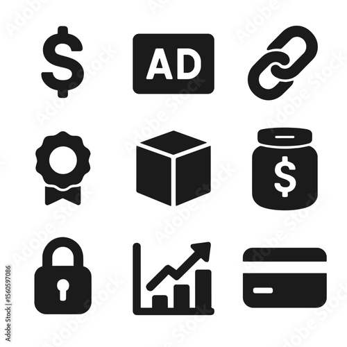 Monetization Icons Grid. Solid, filled icon set of monetizing content: dollar sign, ad icon, affiliate link, sponsor badge,