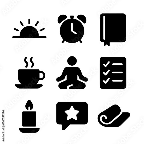 Morning Routine Icons. Solid, filled icon set of in the morning to set intentions for the day: sunrise, alarm clock, journal,