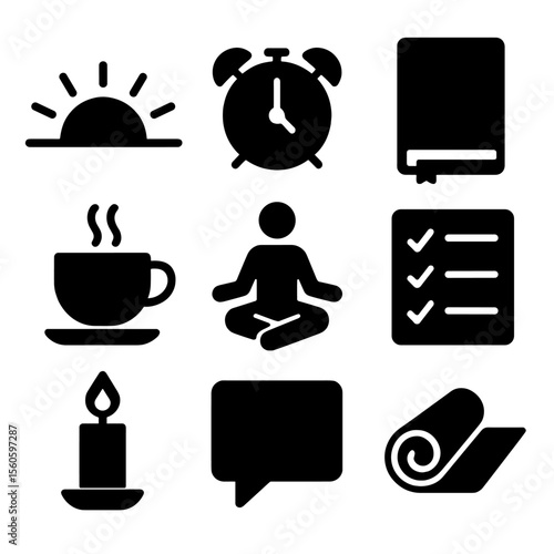 Morning Routine Icons. Solid, filled icon set of in the morning to set intentions for the day: sunrise, alarm clock, journal,