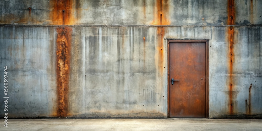 Rustic Concrete Wall with a Patina Metal Door, Showing Textures of Time and Decay Rustic Concrete Wall with a Patina Metal Door, Showing Textures of Time and Decay