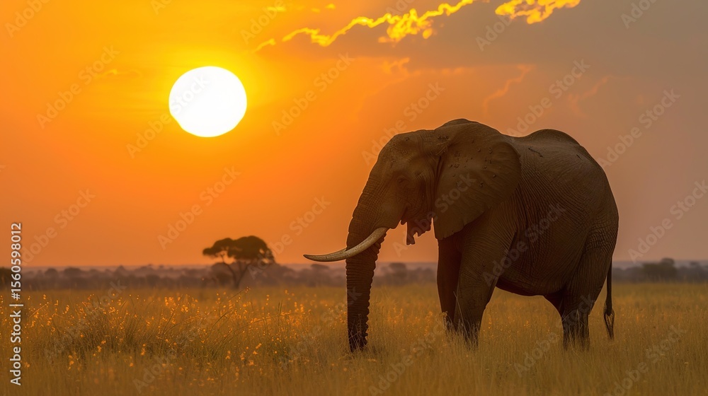 Fototapeta premium African Elephant Herd Silhouetted Against Golden Savanna Sunset, Majestic Wildlife Scene with Acacia Trees and Dust Haze in Serengeti Landscape, Empty Horizon Space