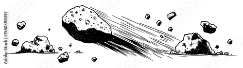 flying asteroid with motion trail hand drawn vector illustration