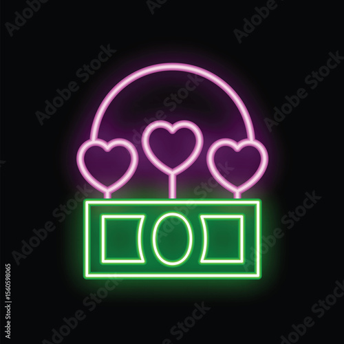 Green neon dollar bill with pink hearts growing from the top on a black background