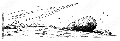 meteorite landed on planet surface hand drawn vector sketch