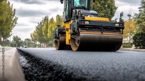 Heavy machinery with road roller compacting asphalt on urban street surrounded by trees and cloudy sky