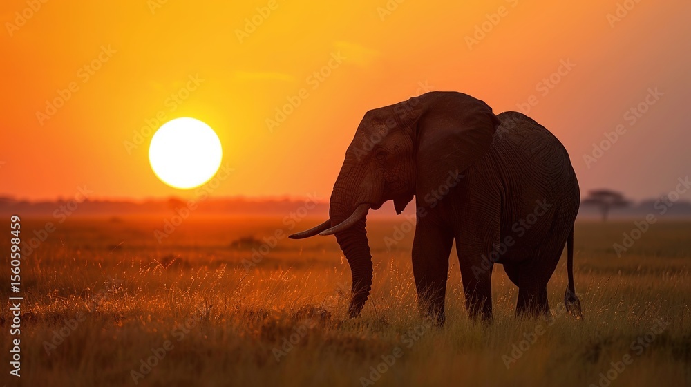 Fototapeta premium African Elephant Herd Silhouetted Against Golden Savanna Sunset, Majestic Wildlife Scene with Acacia Trees and Dust Haze in Serengeti Landscape, Empty Horizon Space