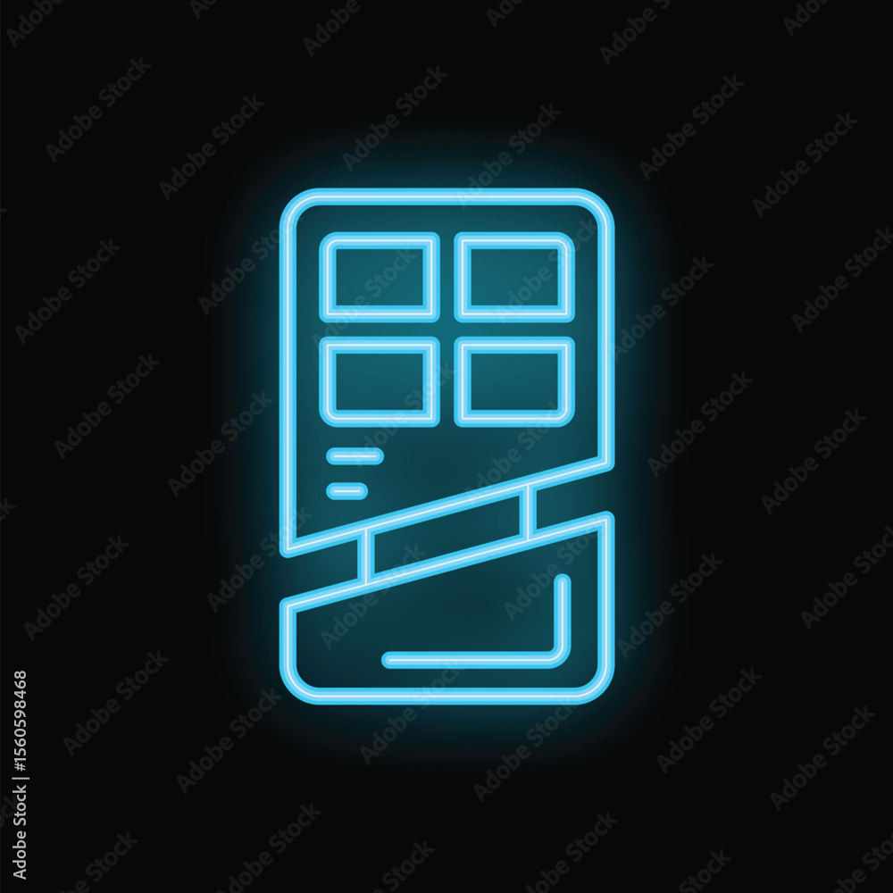 Blue neon sign showing a partially unwrapped chocolate bar, on a black background Blue neon sign showing a partially unwrapped chocolate bar, on a black background