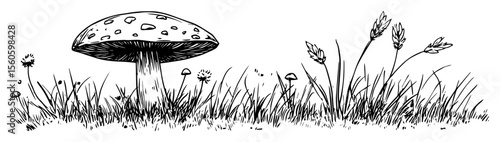 hand drawn fly agaric mushroom in grass vector line art