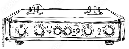 hand drawn vintage audio amplifier front panel vector line art