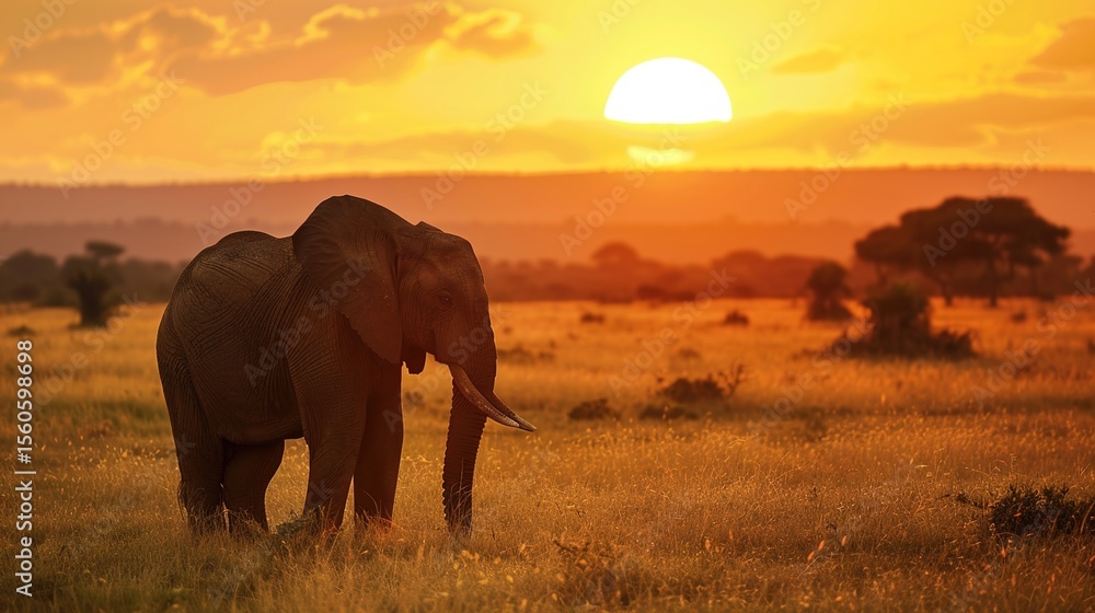 Fototapeta premium African Elephant Herd Silhouetted Against Golden Savanna Sunset, Majestic Wildlife Scene with Acacia Trees and Dust Haze in Serengeti Landscape, Empty Horizon Space