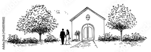 couple walking to countryside chapel