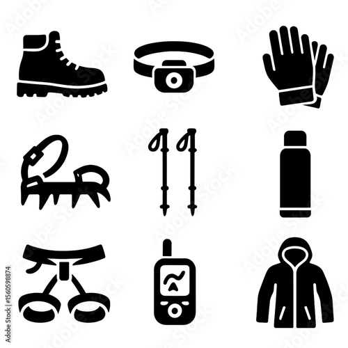 Mountain Gear Icons. Solid, filled icon set of mountain gear: hiking boots, headlamp, gloves, crampons, trekking poles, thermal