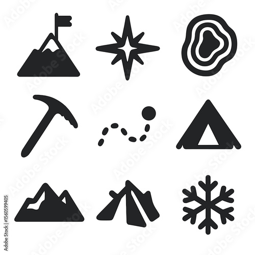 Mountaineering Icon Set. Solid, filled icon set of mountaineering symbols: summit triangle, altitude line, compass star, contour