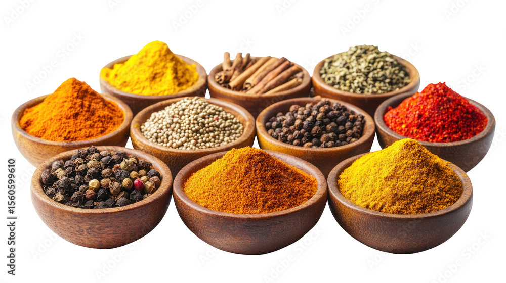 Assorted Spices in Bowls - A high-resolution arrangement of colorful spices in small bowls on transparent background
Assorted Spices in Bowls - A high-resolution arrangement of colorful spices in small bowls on transparent background