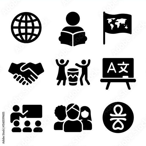 Multicultural Education Icons. Solid, filled icon set of multicultural education: globe icon, student with book, world flag,