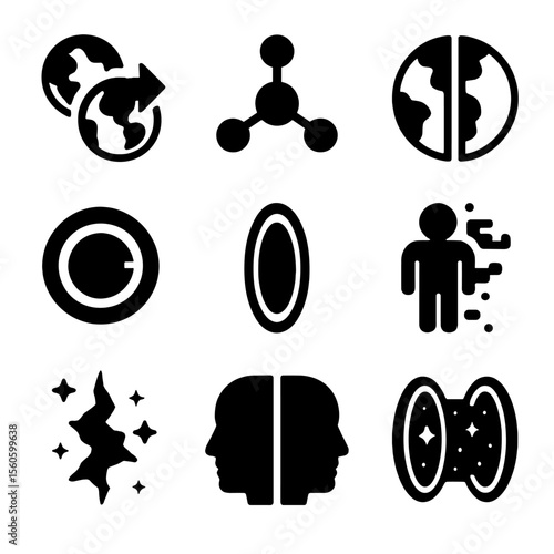 Multiverse Icon Set. Solid, filled icon set of dimension hopping: alternate world icon, multiverse node, parallel earth, reality