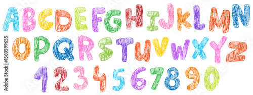 Crayon colorful kids alphabet, doodle funny playful font. Hand drawn scribble kid typescript numbers. School wax crayon abc cute kindergarten handwriting playful letters, digits. Pencil children font.