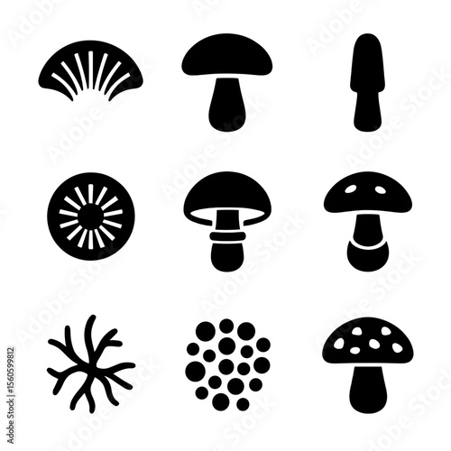 Mushroom Icon Grid. Solid, filled icon set of mushroom shapes and structures: gills, cap, stem, spore print, ring, volva, mycelium