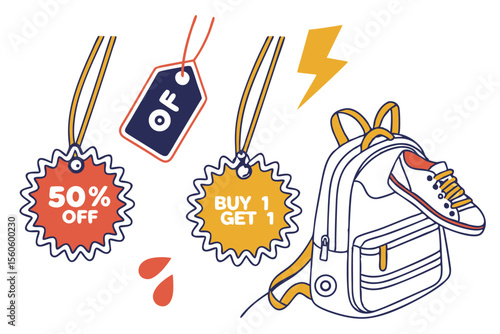  Diseño con rótulos de descuento como “50% OFF” y “Buy 1 Get 1”, junto a una mochila y zapatillas deportivas.
