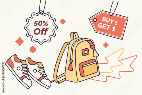 Promoción de regreso a clases con mochila amarilla, zapatillas y etiquetas con ofertas como “Buy 1 Get 1” y “50% Off”.
 