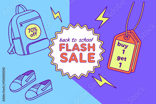  Cartel llamativo de promoción escolar con mochila, zapatillas y letreros de ofertas sobre fondo azul y morado con relámpagos.
