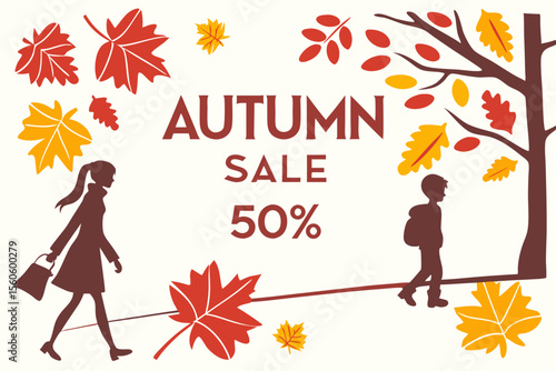  Escena otoñal con una mujer comprando y un niño caminando entre hojas caídas, con texto “Autumn Sale 50%”.
