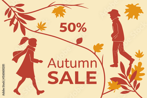  Cartel promocional de rebajas de otoño con un hombre y una niña caminando entre hojas caídas y ramas decorativas. Texto "Autumn Sale 50%".
