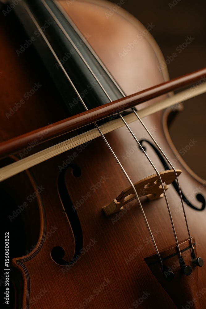 Cellist’s Bow on Cello Strings Close Up Cellist’s Bow on Cello Strings Close Up
