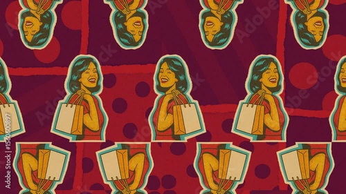 A bold and colorful animated background featuring retro pop-art woman shopping in a vintage collage style. Designed with seamless looping, textured layers, and dynamic movement in 4K.