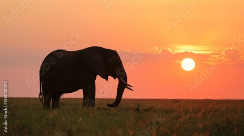 African Elephant Herd Silhouetted Against Golden Savanna Sunset  Majestic Wildlife Scene with Acacia Trees and Dust Haze in Serengeti Landscape  Empty Horizon Space