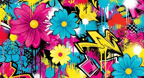 Vibrant Graffiti Flower Art with Abstract Splatter and Drips