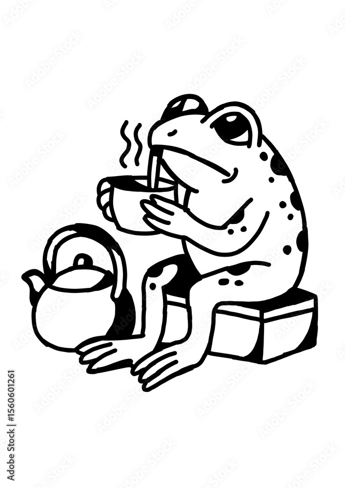 Obraz premium Cute frog drinking tea, chill aesthetic, cozy illustration