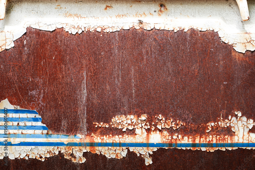 Fototapeta premium Part of the old rusted truck. Old truck peeling paint. Rusted on the wall of old car. Abandoned old car. Car maintenance or service concept.