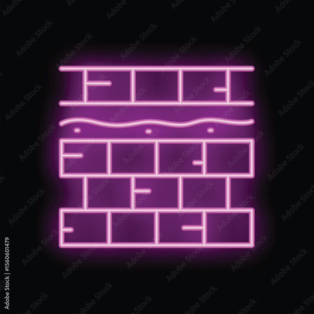 Glowing neon icon of waterproofing membrane protecting a brick wall from water damage Glowing neon icon of waterproofing membrane protecting a brick wall from water damage