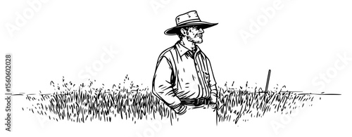 farmer in hat standing in a wheat field sketch