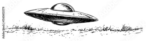 ufo flying saucer hovering over landscape sketch