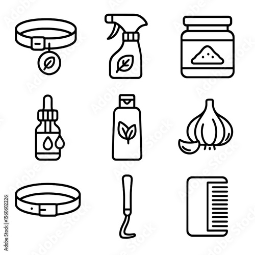 Natural Flea Control Icons. Outline icon set of natural flea & tick control: cedar collar, neem spray, diatomaceous earth jar,