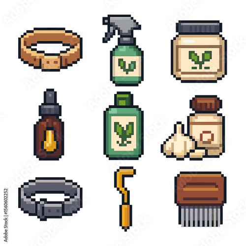 Natural Pest Control Icons. Pixel art icon set of natural flea & tick control: cedar collar, neem spray, diatomaceous earth jar,