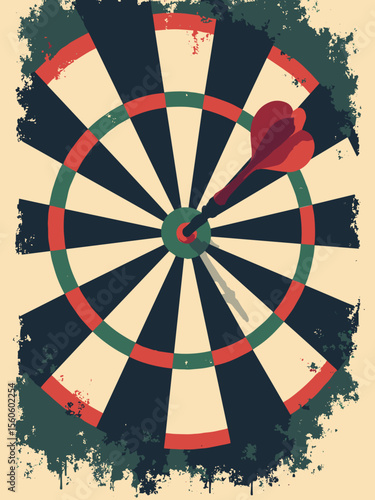 Darts close-up with bullseye hit and board detail in black, red, forest green, and parchment
