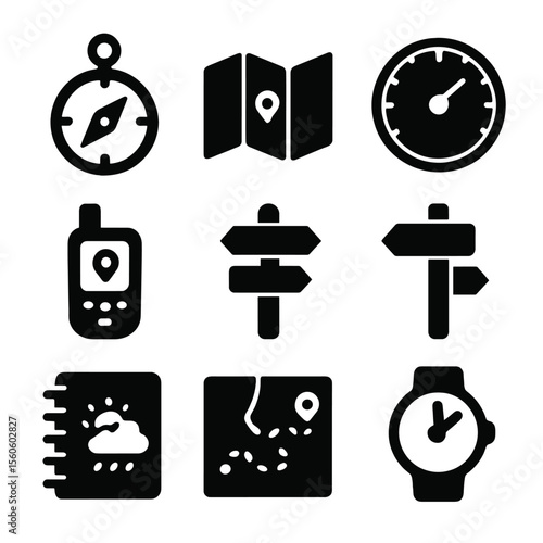 Navigation Tool Icons. Solid, filled icon set of navigation and planning tools: compass, map, altimeter, GPS device, trail markers